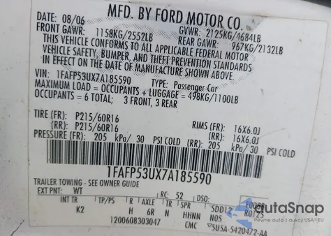 2007 Ford Taurus Se from USA, damaged, VIN 1FAFP53UX7A185590